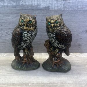 Owl Tree Stump Figure Statue Textured Vintage Boho Hand Painted Set of 2